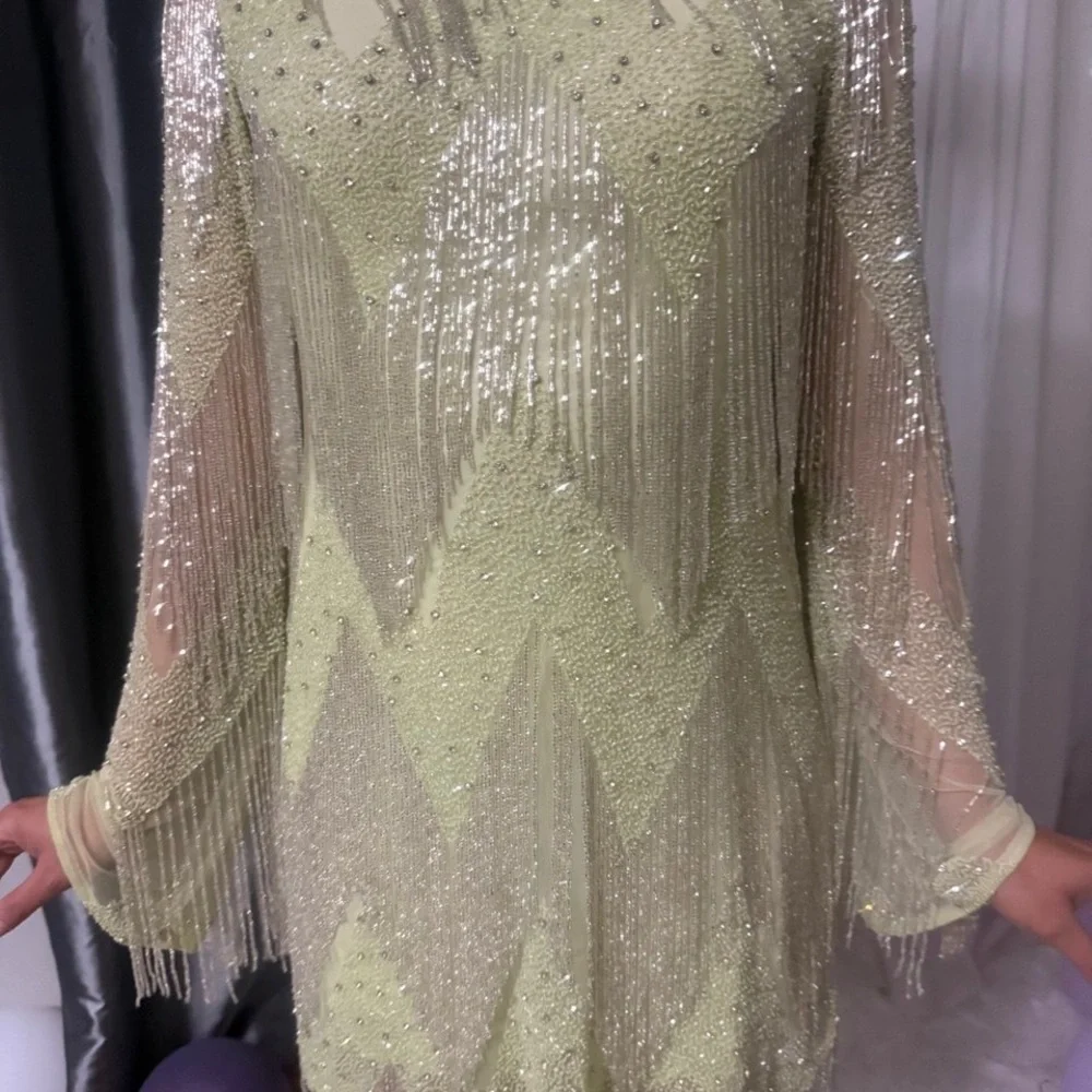 Rachel Gilbert Sequin Long Sleeve Dress in Cream and Silver - Picture 5 of 12